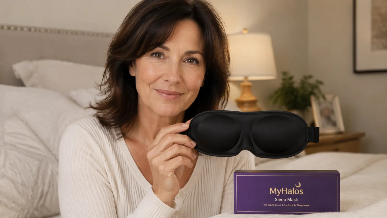 Close-up of a 3D blackout sleep mask showing the raised eye cups and adjustable strap, held in a woman's hand