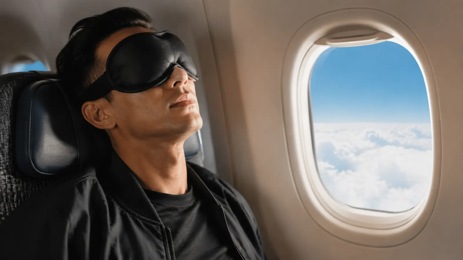 Person wearing a 3D sleep mask while reclining on an airplane, window shade open beside them showing bright daylight