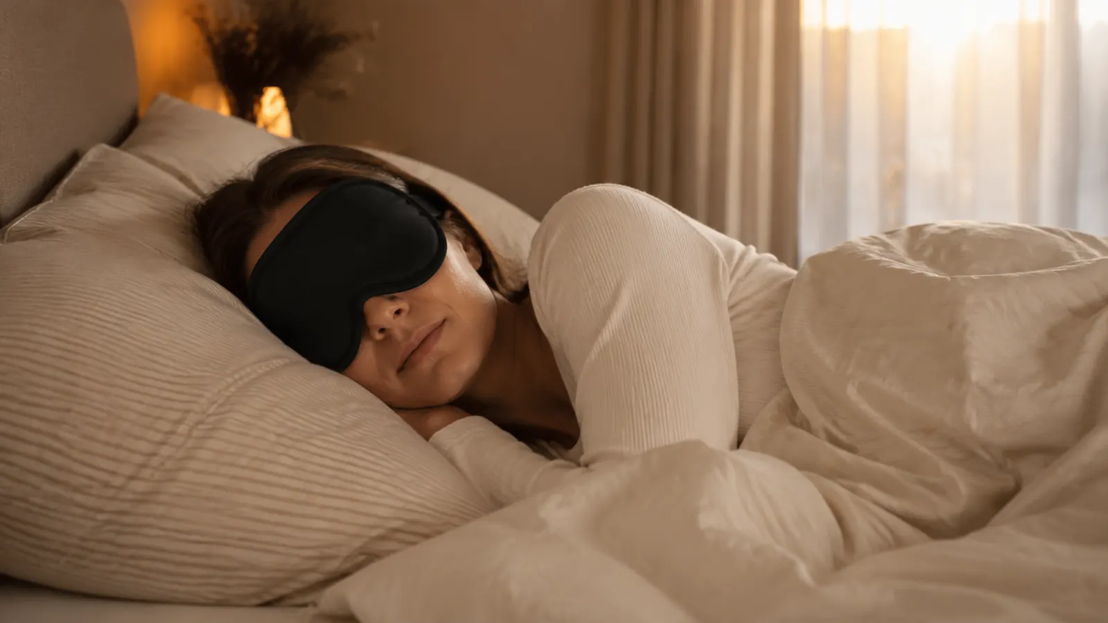 Woman sleeping peacefully with a contoured 3D sleep mask, warm bedroom lighting, early morning sun visible through curtains behind her