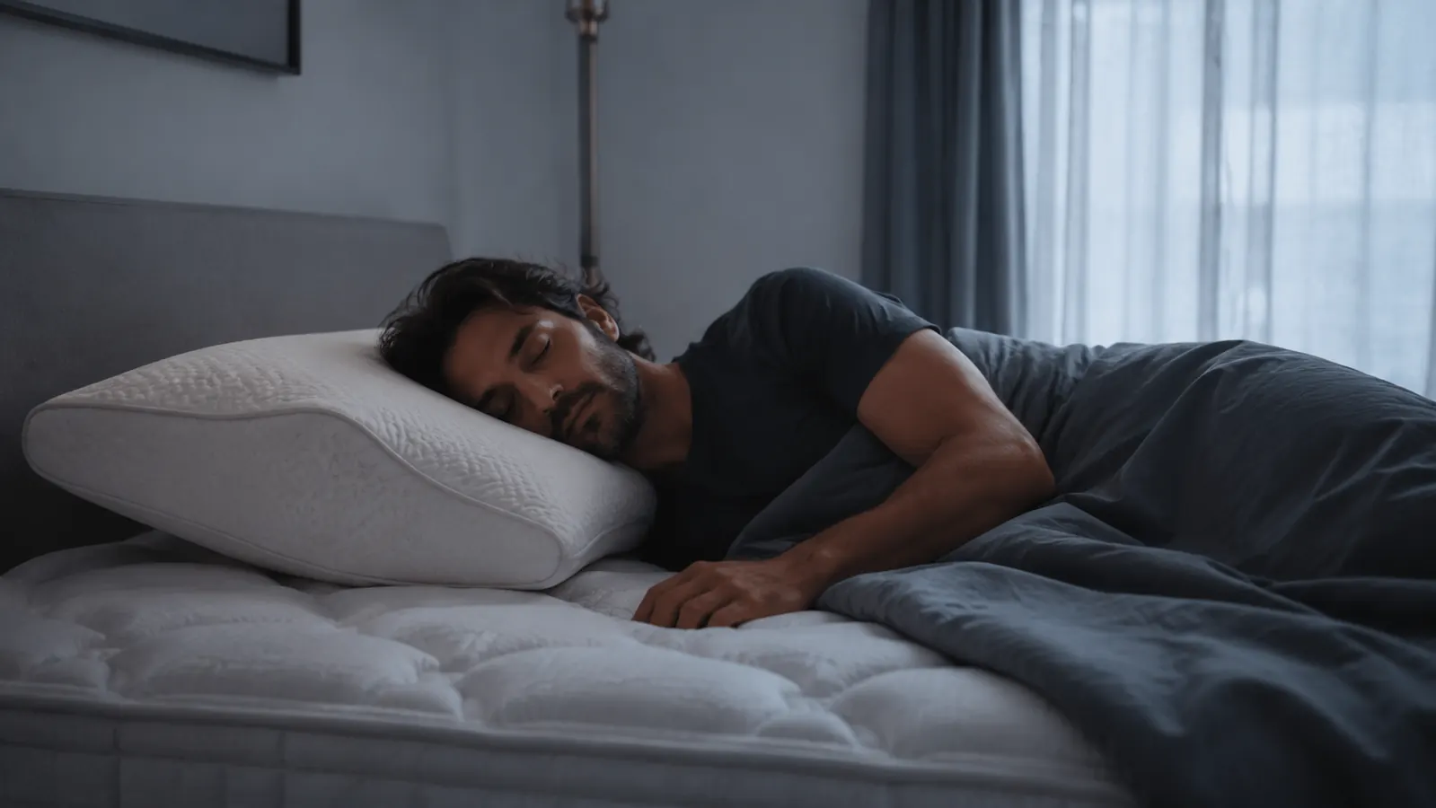 Person sleeping peacefully on a thick mattress topper in a cool, dim bedroom with soft morning light coming through curtains