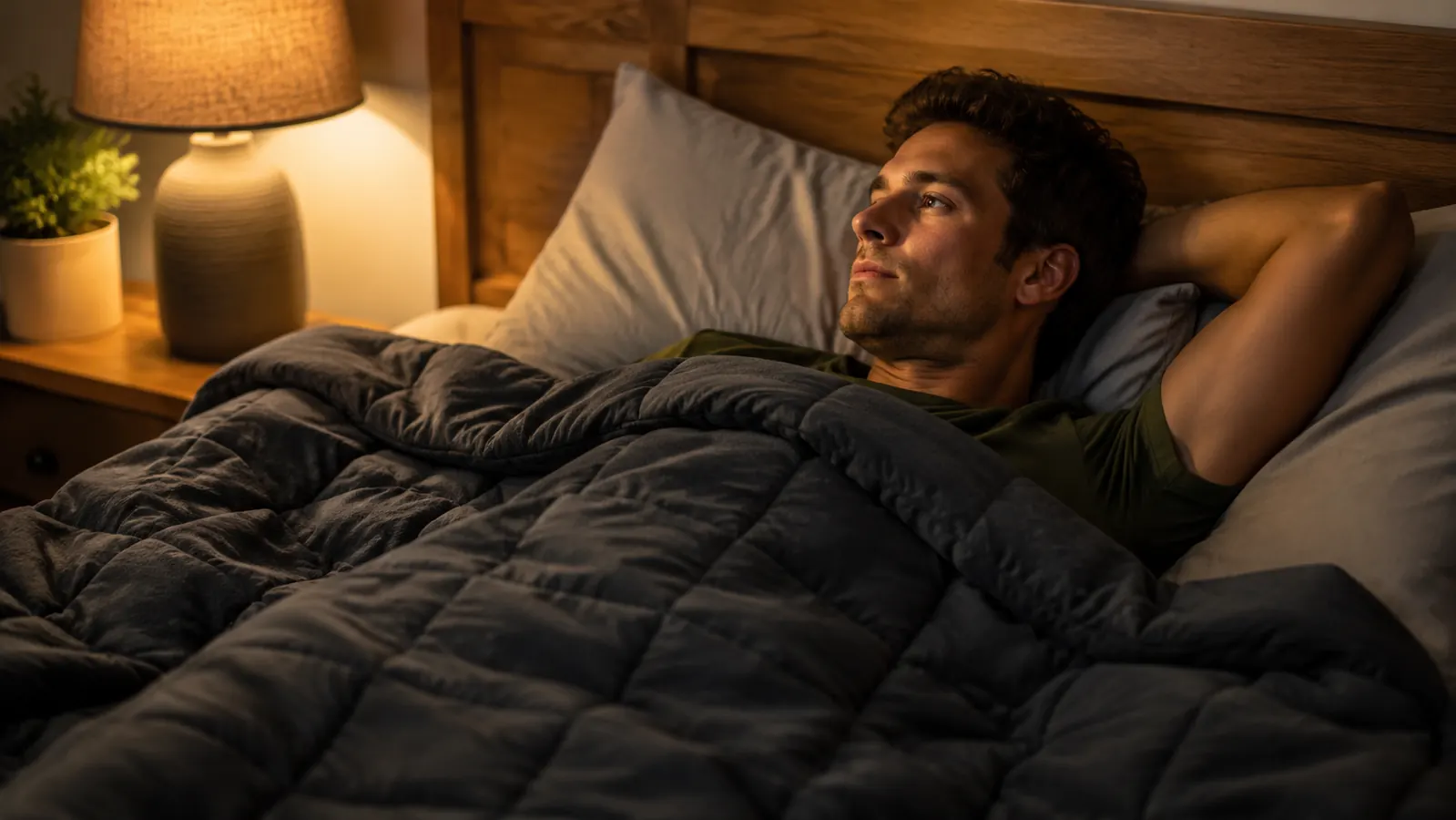 Person relaxing in bed at night reading with a weighted blanket pulled up to their waist