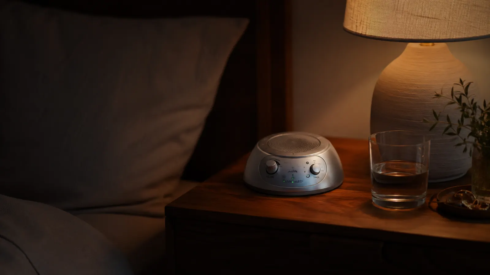 White noise sound machine on a nightstand beside a glass of water and a dim lamp in a dark bedroom