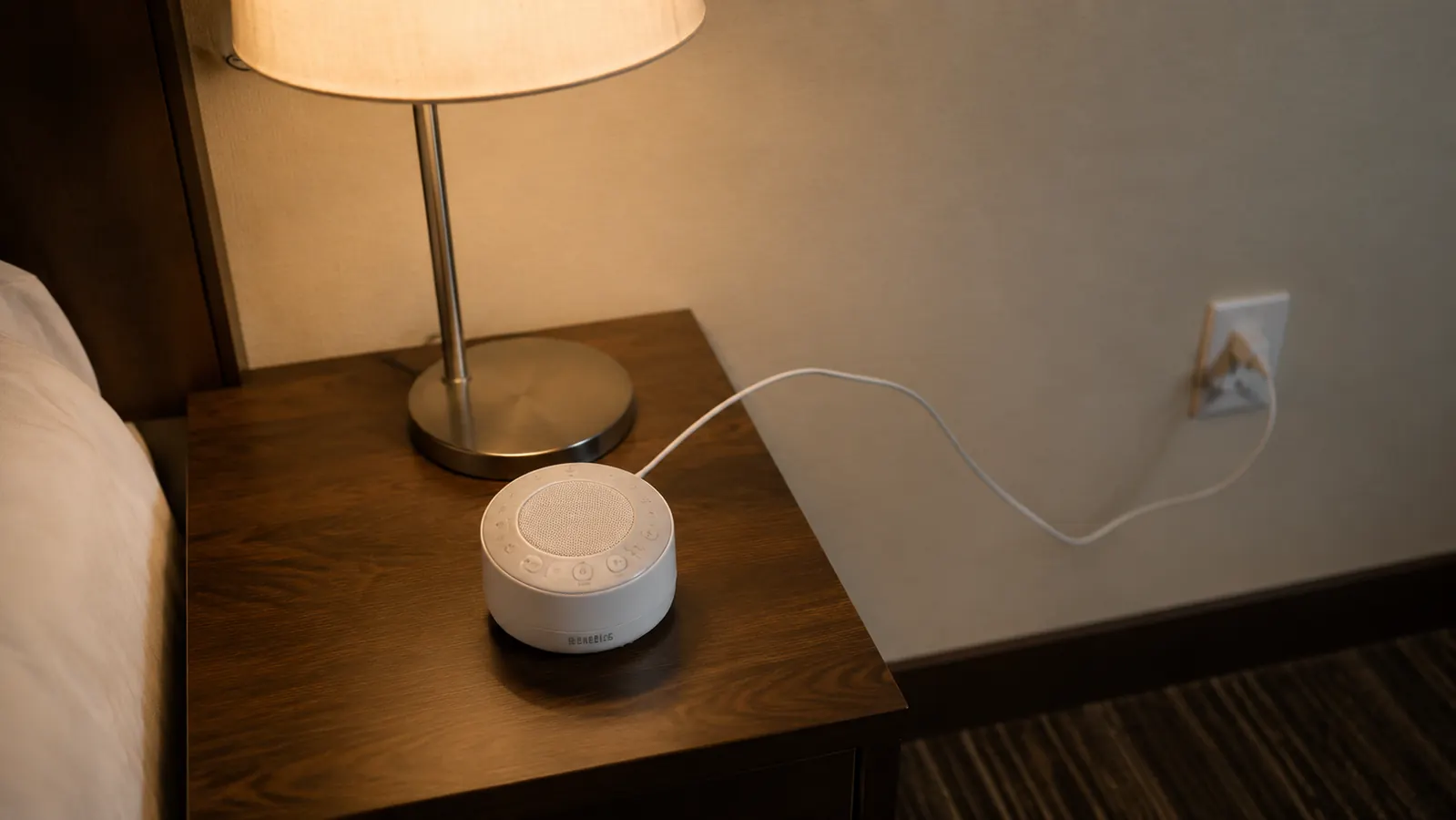 Sound machine placed on a hotel nightstand next to a short power strip, showing the cord length challenge in a travel setting