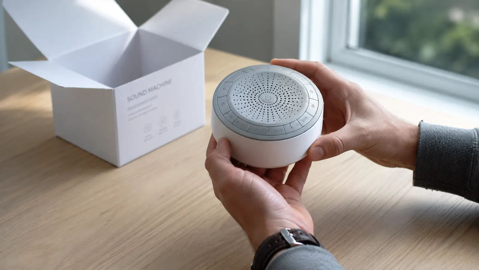 Homedics SoundSleep white noise machine sitting unpacked on a bare wood desk next to its AC power cord, with a pair of hands examining it in natural daylight