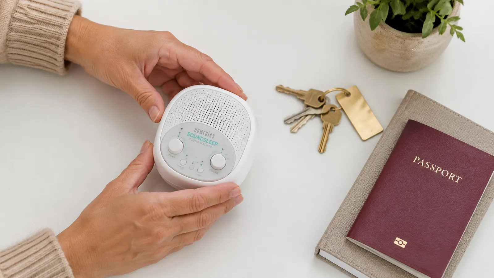Homedics SoundSleep sound machine shown from above on a white surface next to a set of keys and a passport showing its compact travel size