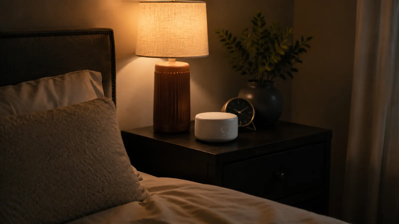 Small white Homedics SoundSleep sound machine on a dark wooden nightstand beside a lamp casting warm light in a quiet bedroom