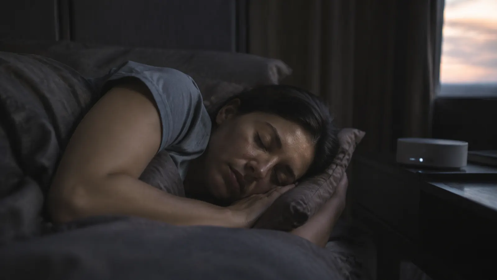 Woman sleeping peacefully in a dark bedroom, sound machine glowing faintly on the nightstand