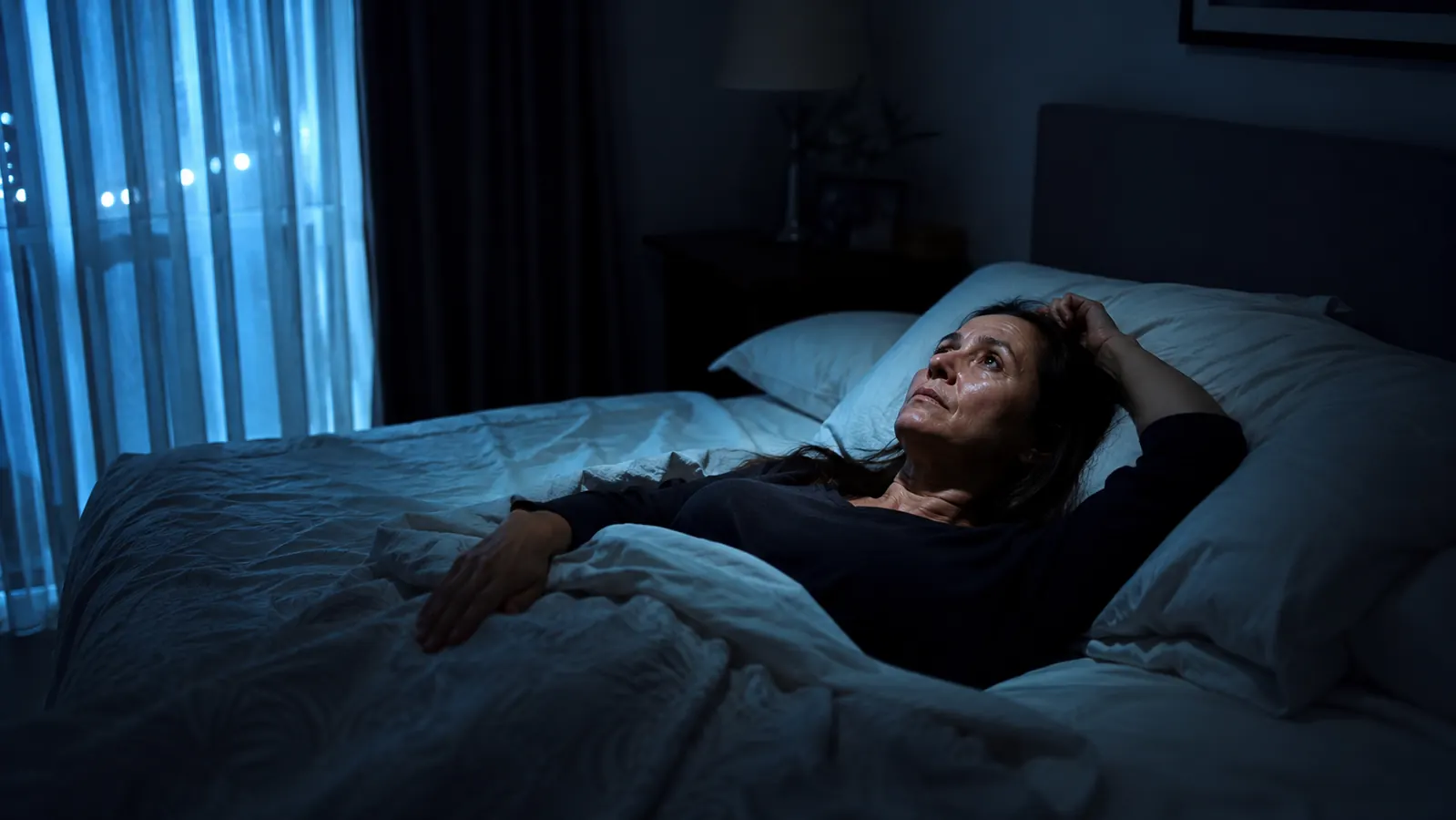 Woman lying awake in a dark bedroom, eyes open, street light cutting through curtains