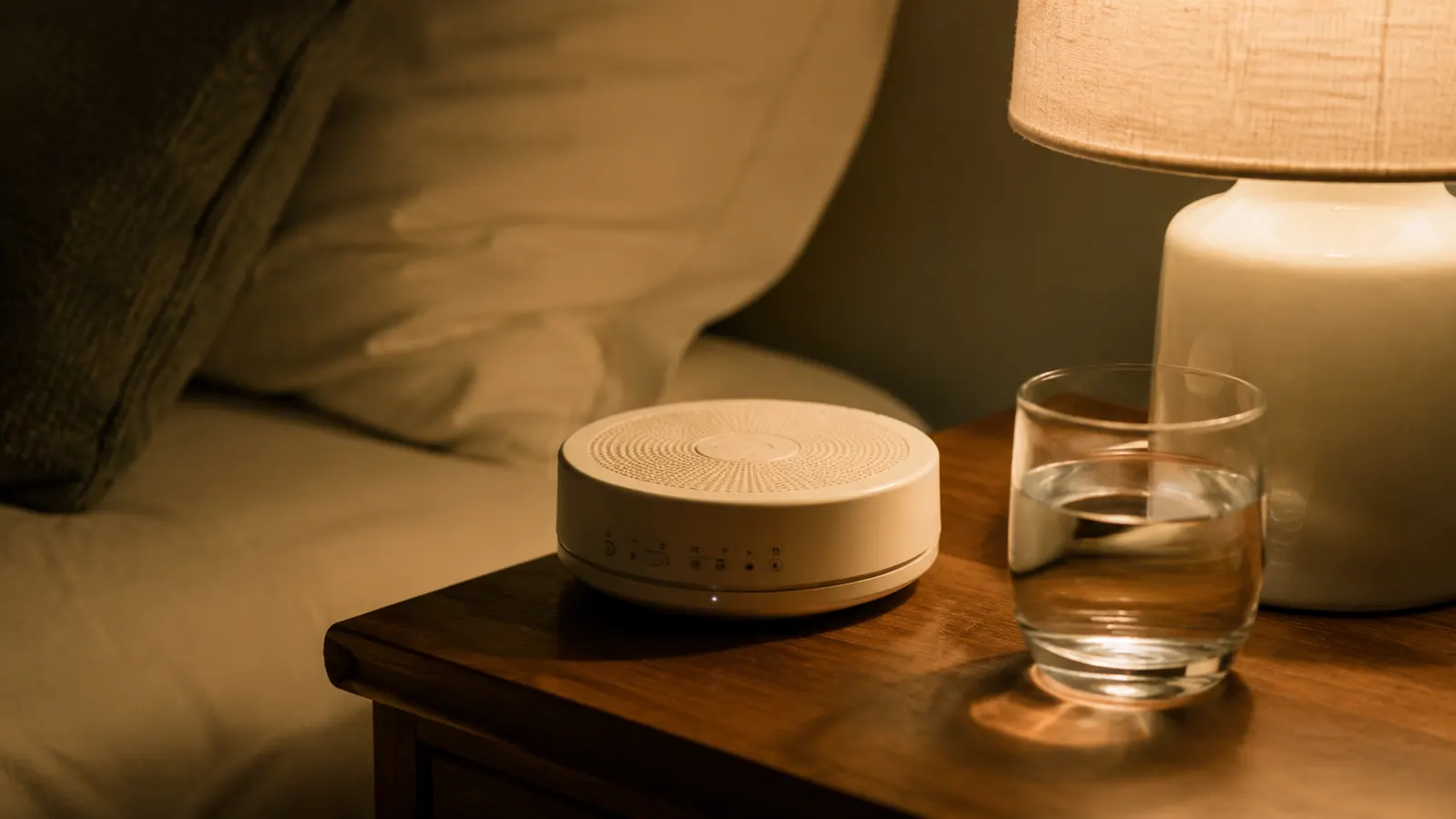 Small white noise machine on a wooden nightstand next to a glass of water in a dimly lit bedroom