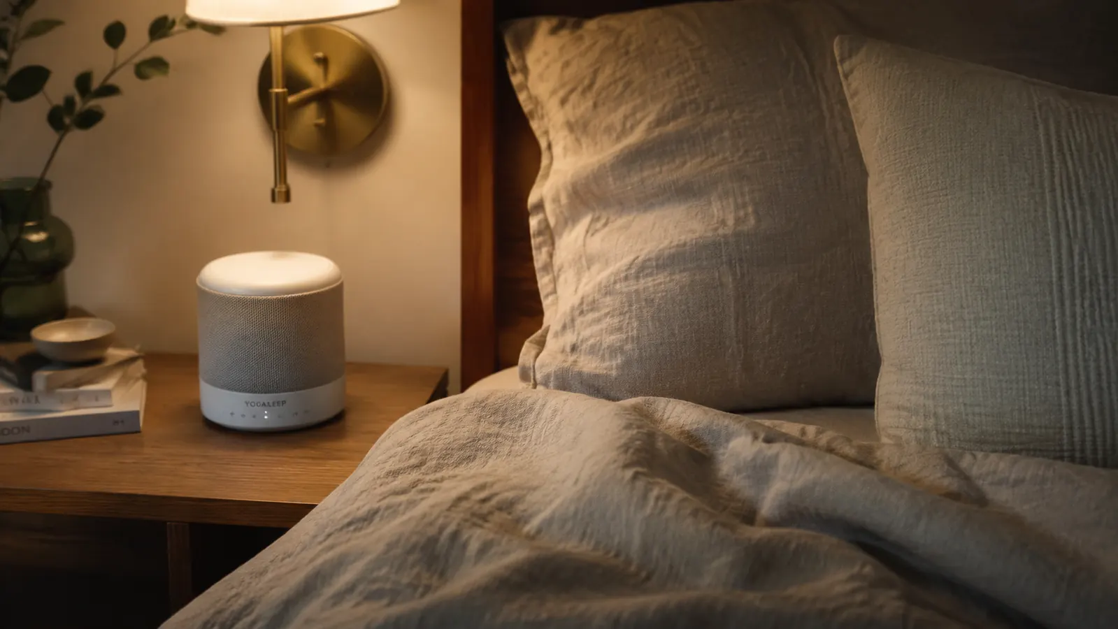 Quiet bedroom at night with soft lamplight and a small white noise machine on a nightstand