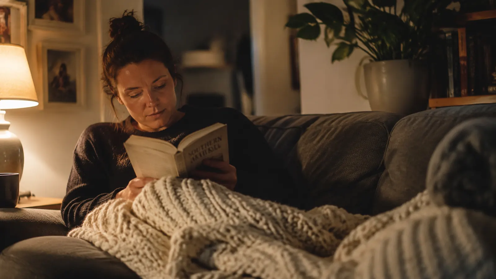 Person reading a book under a weighted blanket on a couch as part of a wind-down routine before bed