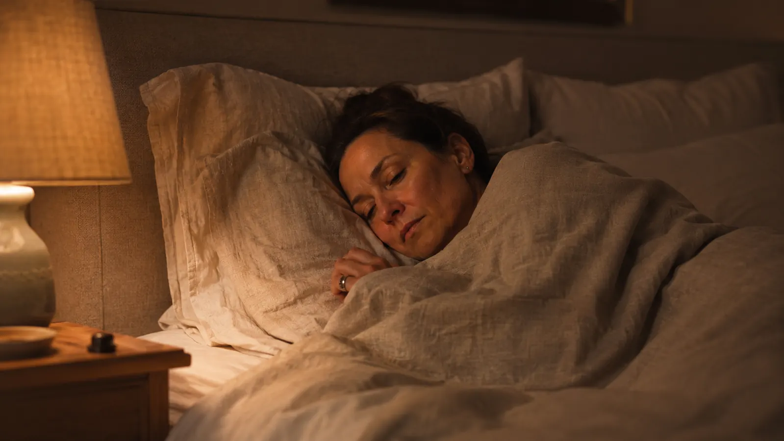 Adult lying in bed under a heavy cotton weighted blanket with soft evening light coming through the curtains