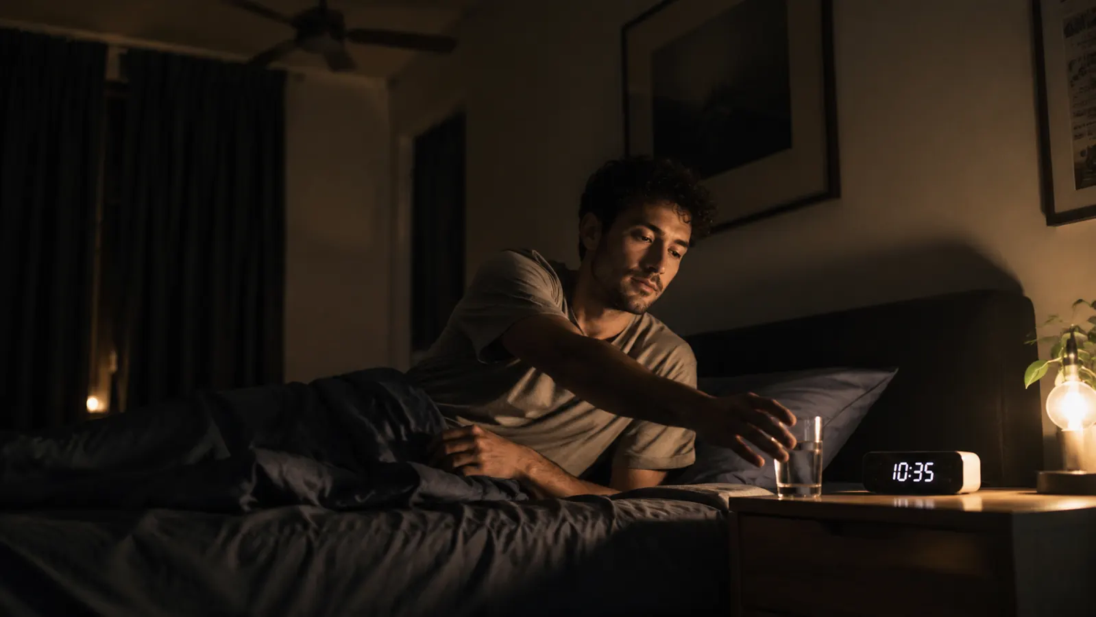 Bedroom at night with a ceiling fan running, blackout curtains drawn, and a person reaching for a glass of cold water on the nightstand