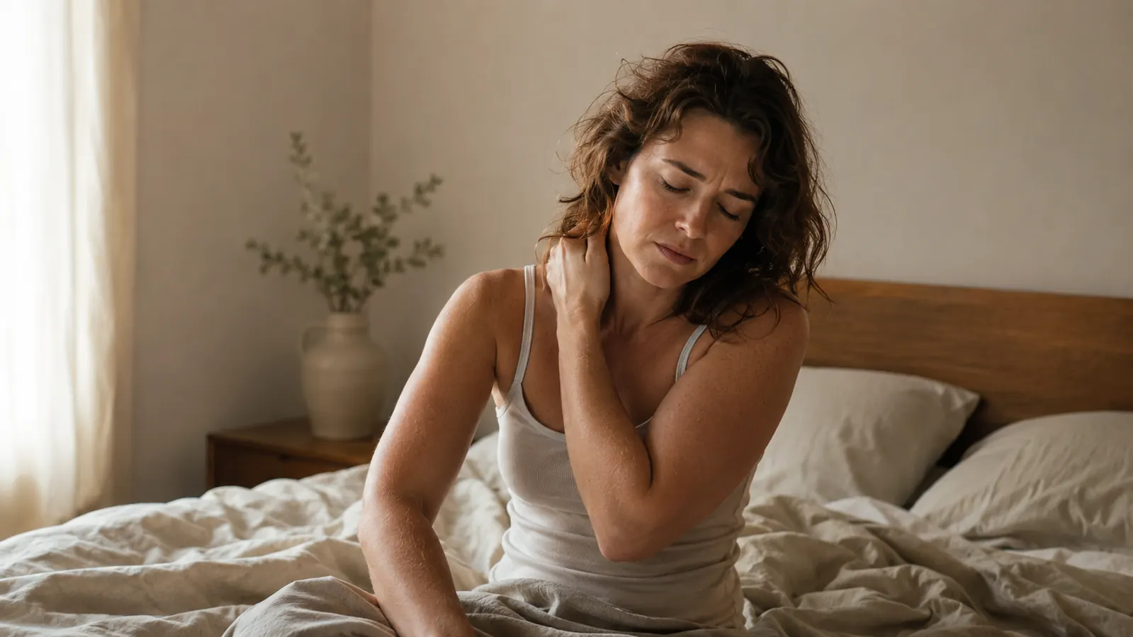 Person sitting up in bed in the morning, gently rolling their neck with eyes closed, soft morning light through curtains