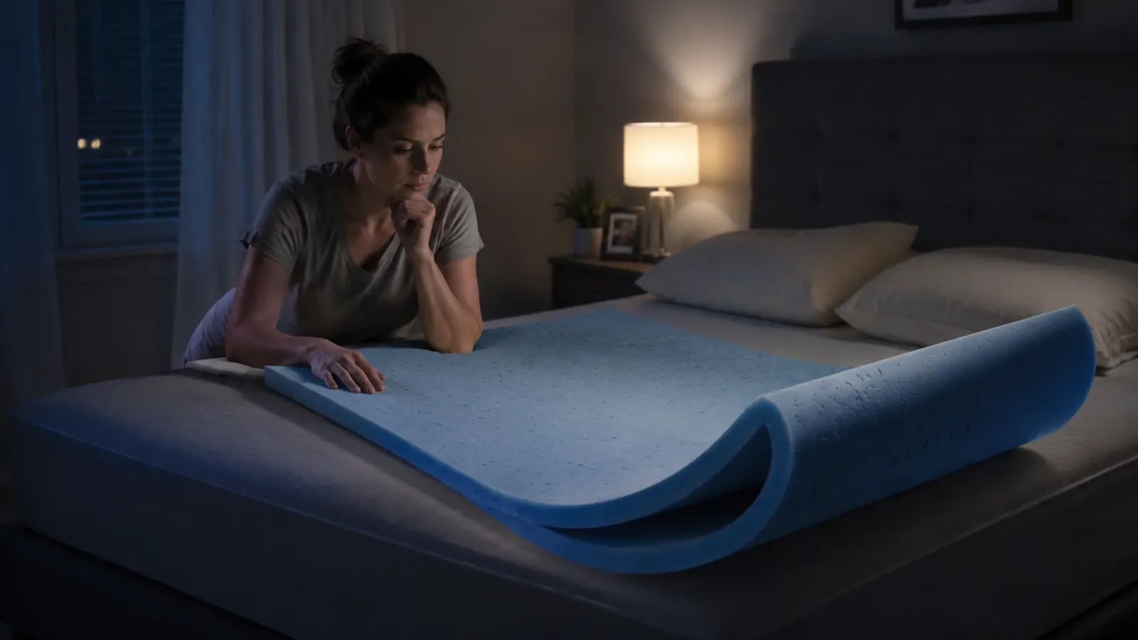 Blue gel memory foam mattress topper partially unrolled on a queen bed in a dimly lit bedroom, showing the thick foam layer