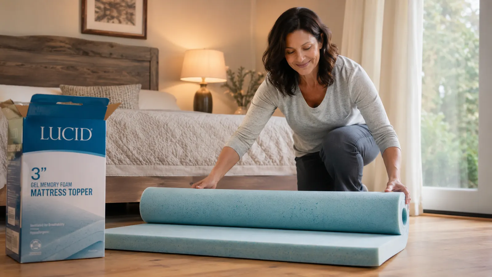 Rolled Lucid mattress topper next to a tape measure showing the 3-inch thickness