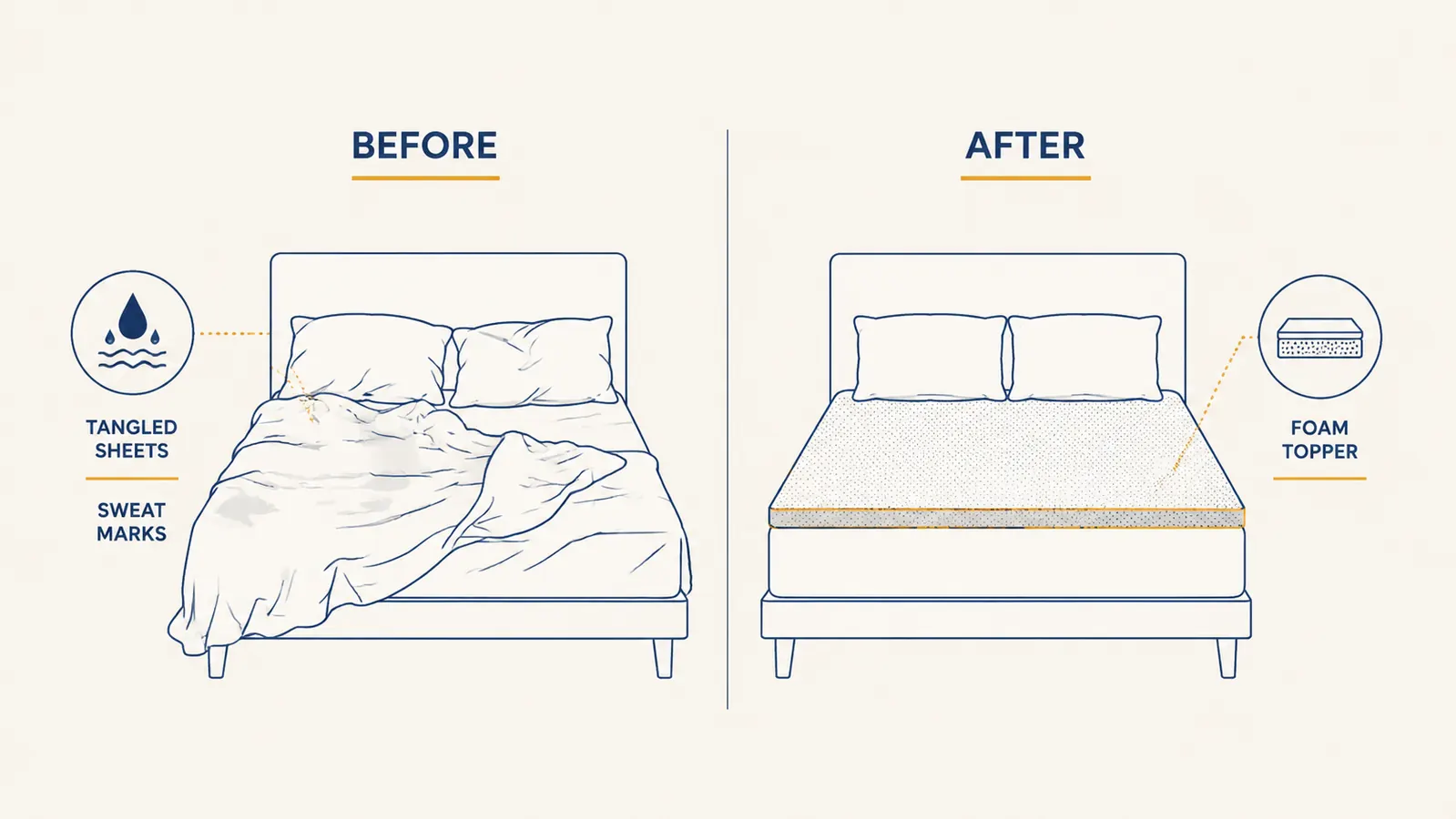 Side-by-side comparison showing a tangled sweaty bed versus a neatly made cool bed with a foam topper