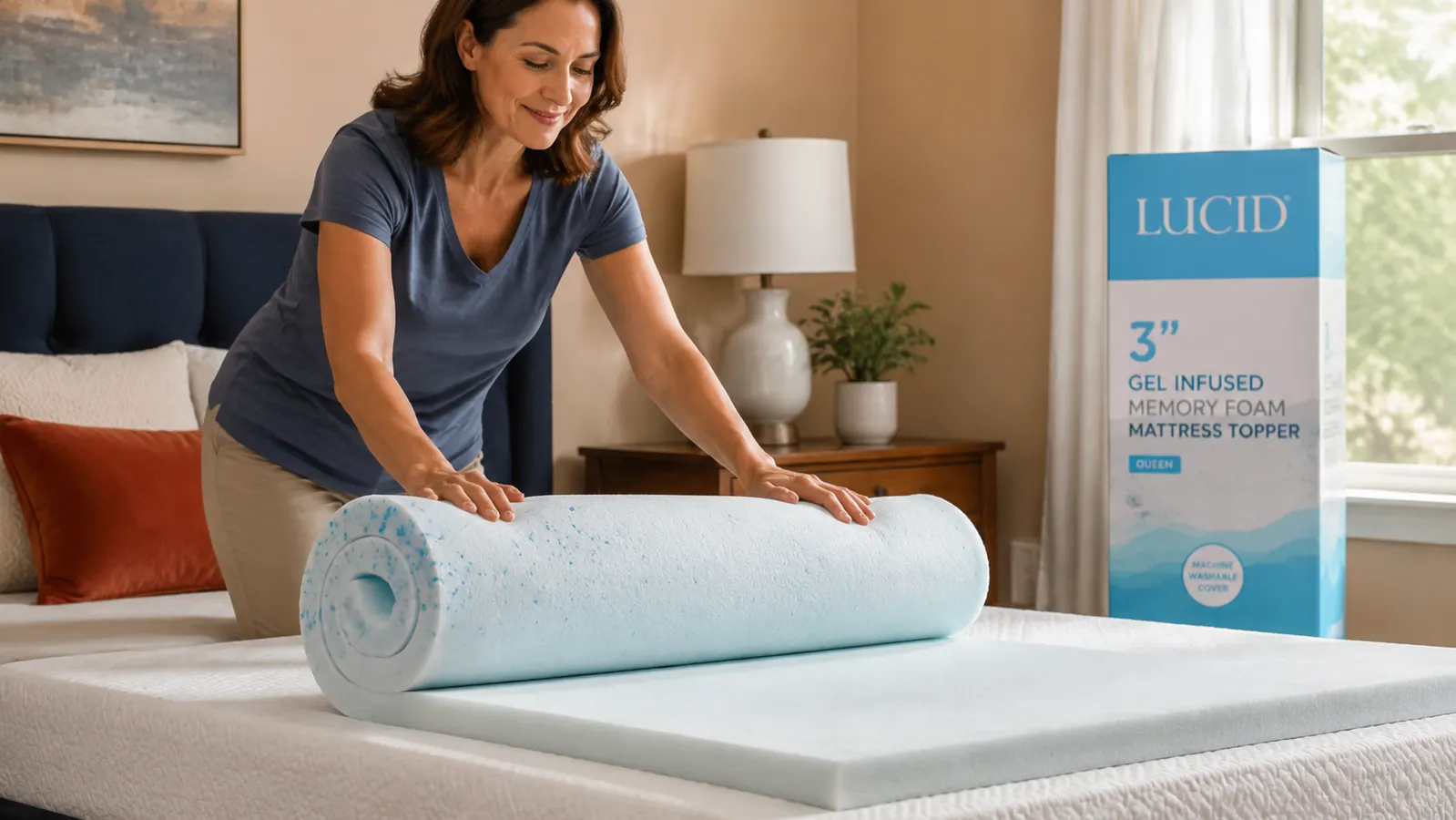 Hands unrolling a thick white gel memory foam mattress topper onto a mattress, showing the topper texture and depth up close