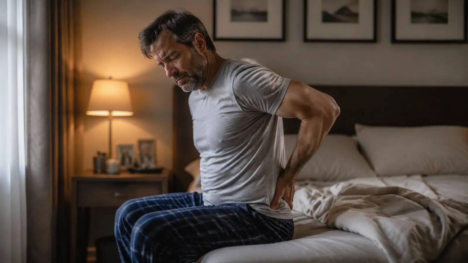 A tired adult sitting on the edge of a bed in the early morning, rubbing their lower back, bedding slightly disheveled, warm lamp light from bedside table