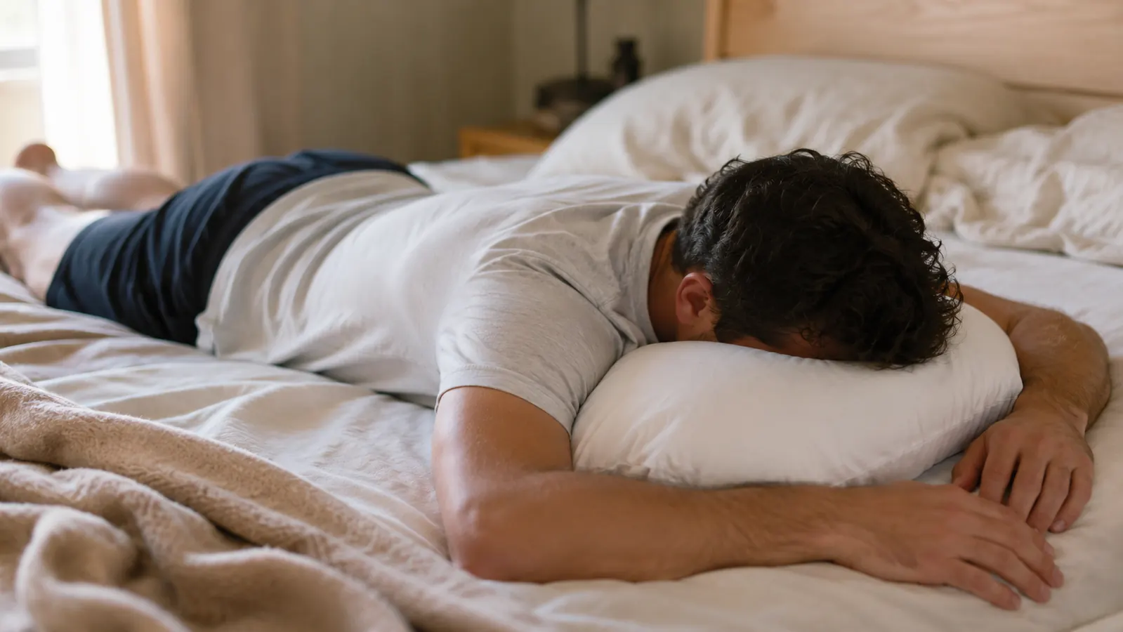 Person lying face-down on a pillow to illustrate the pressure challenge for stomach sleepers wearing a 3D sleep mask