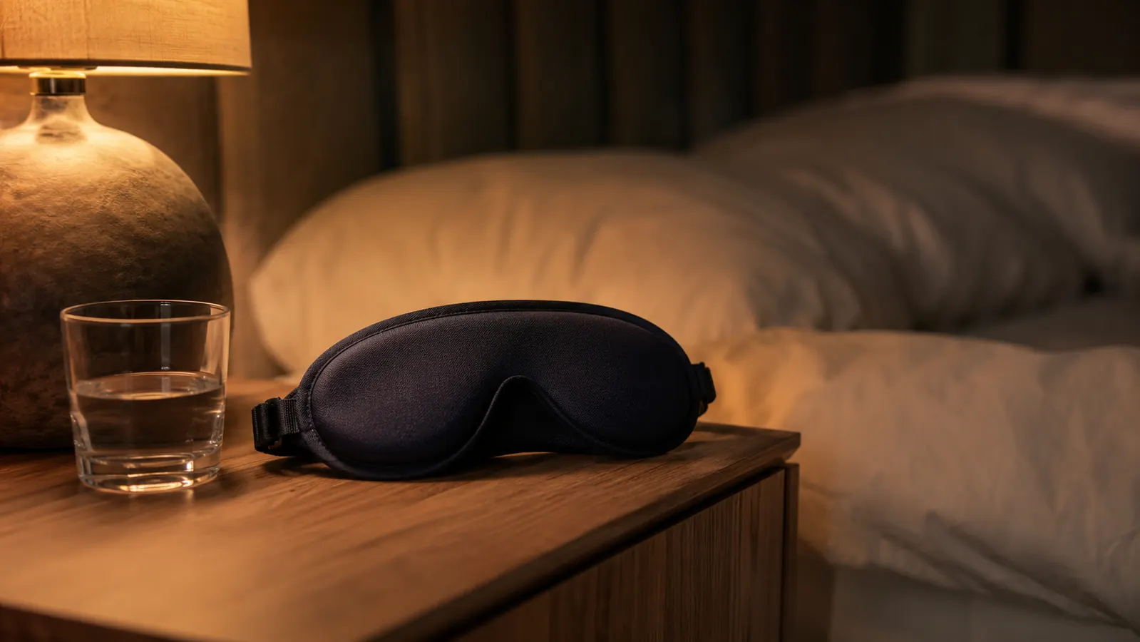 Close-up of a 3D contoured sleep mask resting on a bedside table next to a glass of water in a dimly lit bedroom