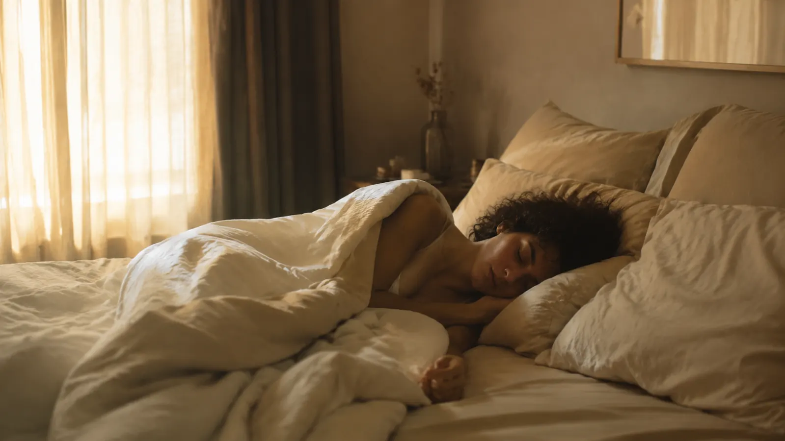 Soft morning light coming through bedroom curtains while an adult sleeps peacefully in bed