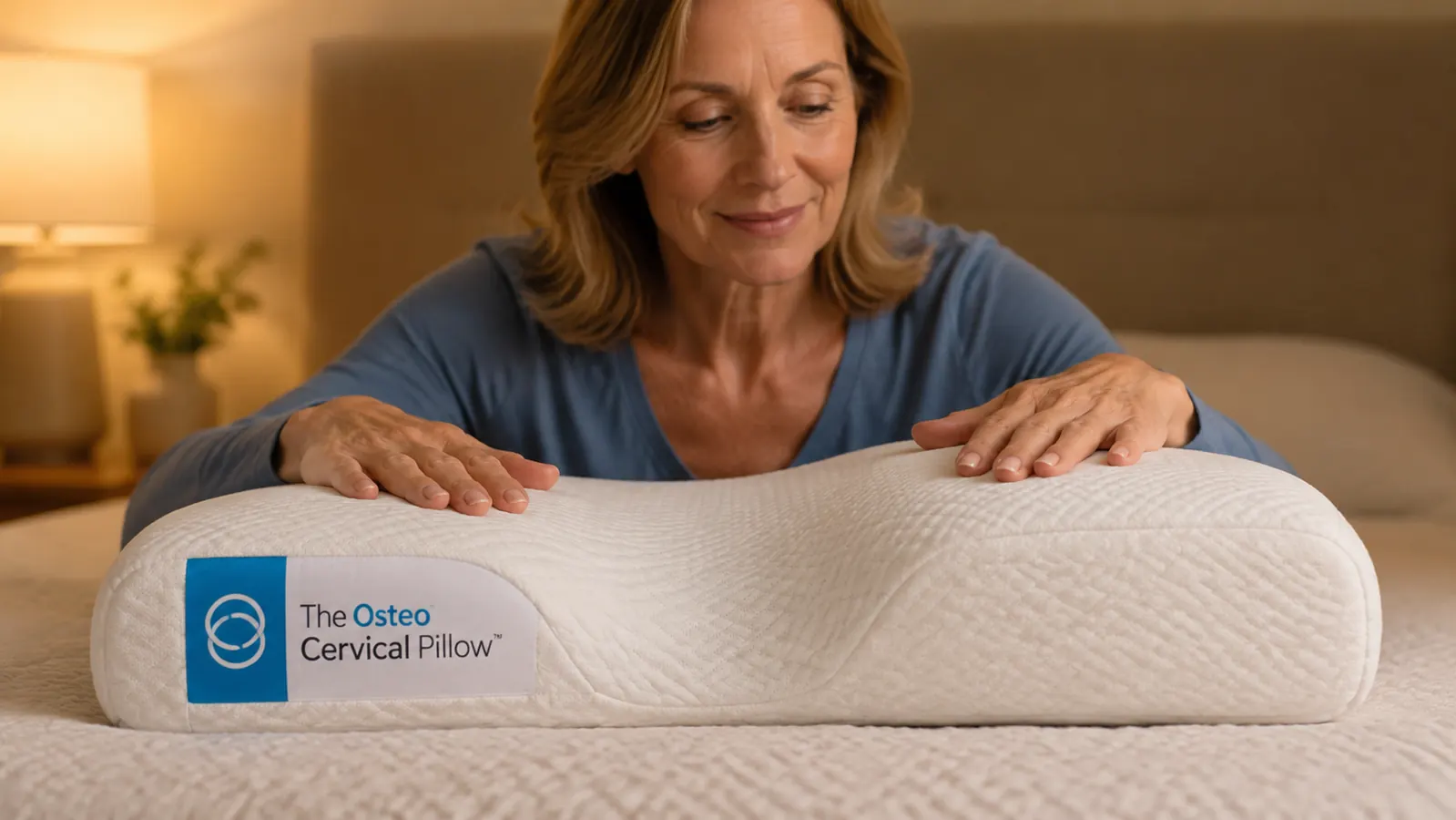 Side-by-side view of the Osteo pillow's two height lobes, one palm resting on the lower back-sleeper lobe and one on the taller side-sleeper lobe