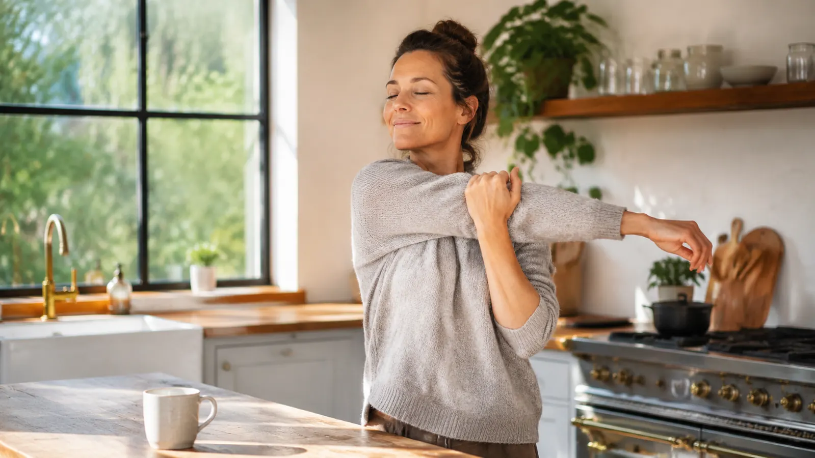 A woman stretching her arms overhead in a bright morning kitchen, coffee mug on the counter, looking rested and ready for the day