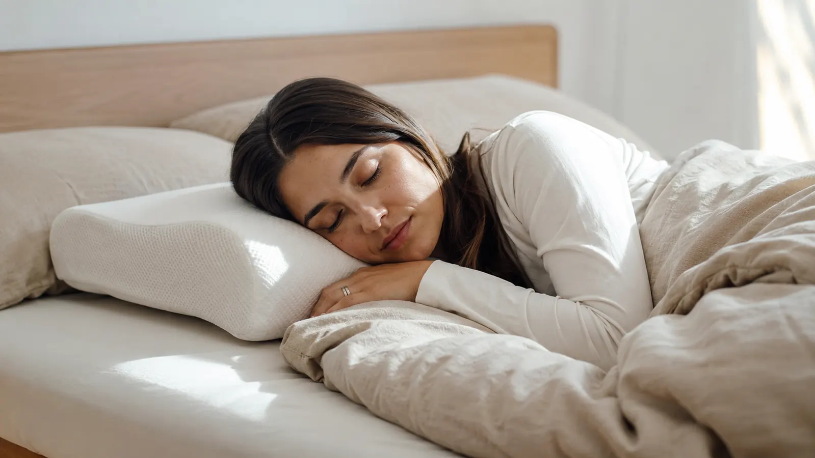 Woman lying on her side in a softly lit bedroom, resting her head on a white contoured cervical pillow, eyes closed, expression relaxed