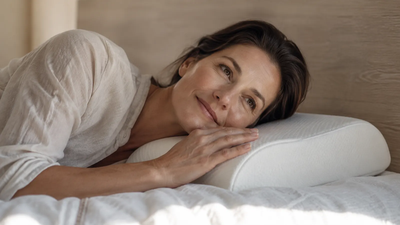 Woman waking up peacefully in a softly lit bedroom, hand resting on a contoured cervical pillow