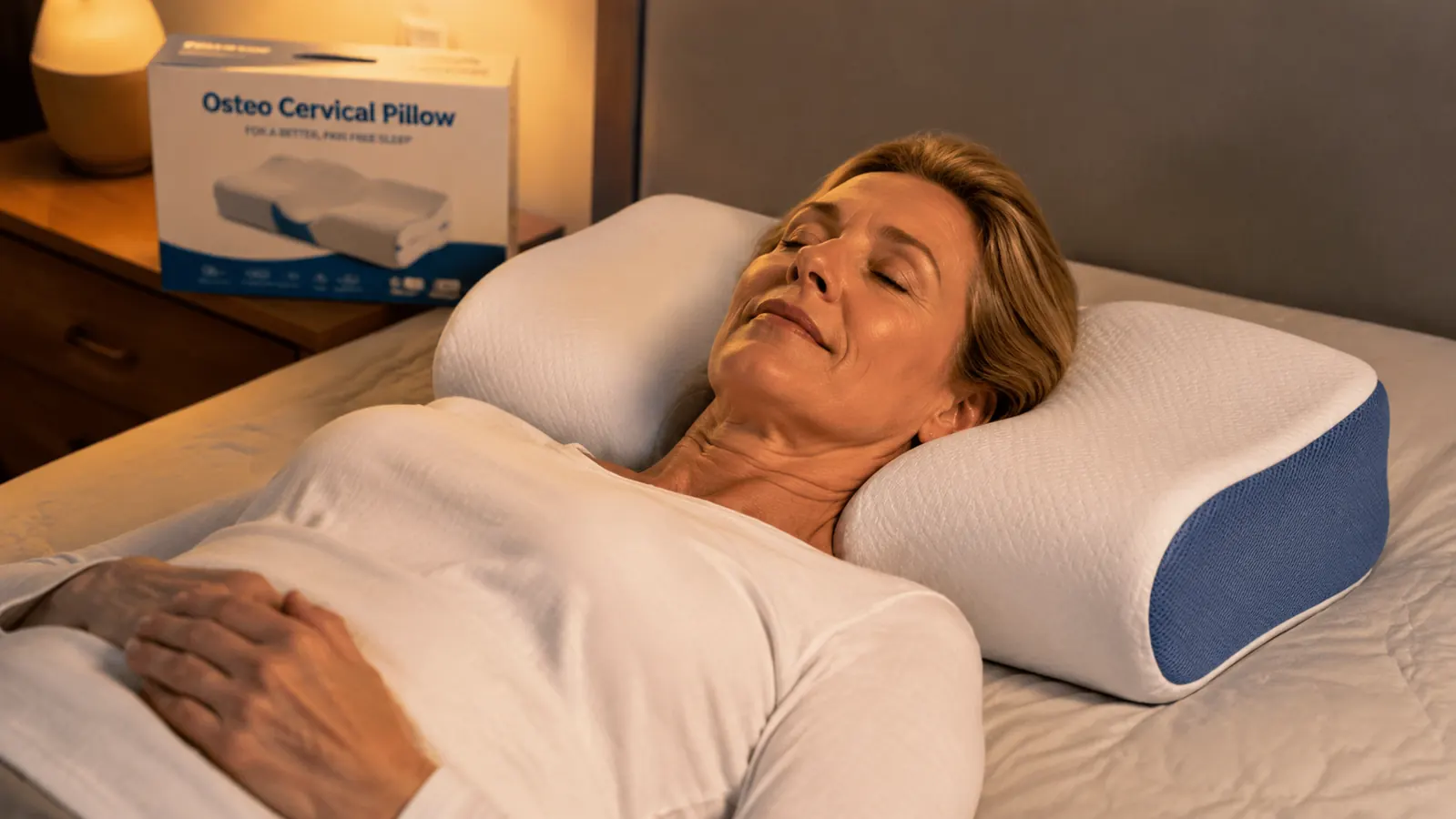 Person lying on their back with the Osteo cervical pillow supporting the natural curve of their neck, head in neutral alignment