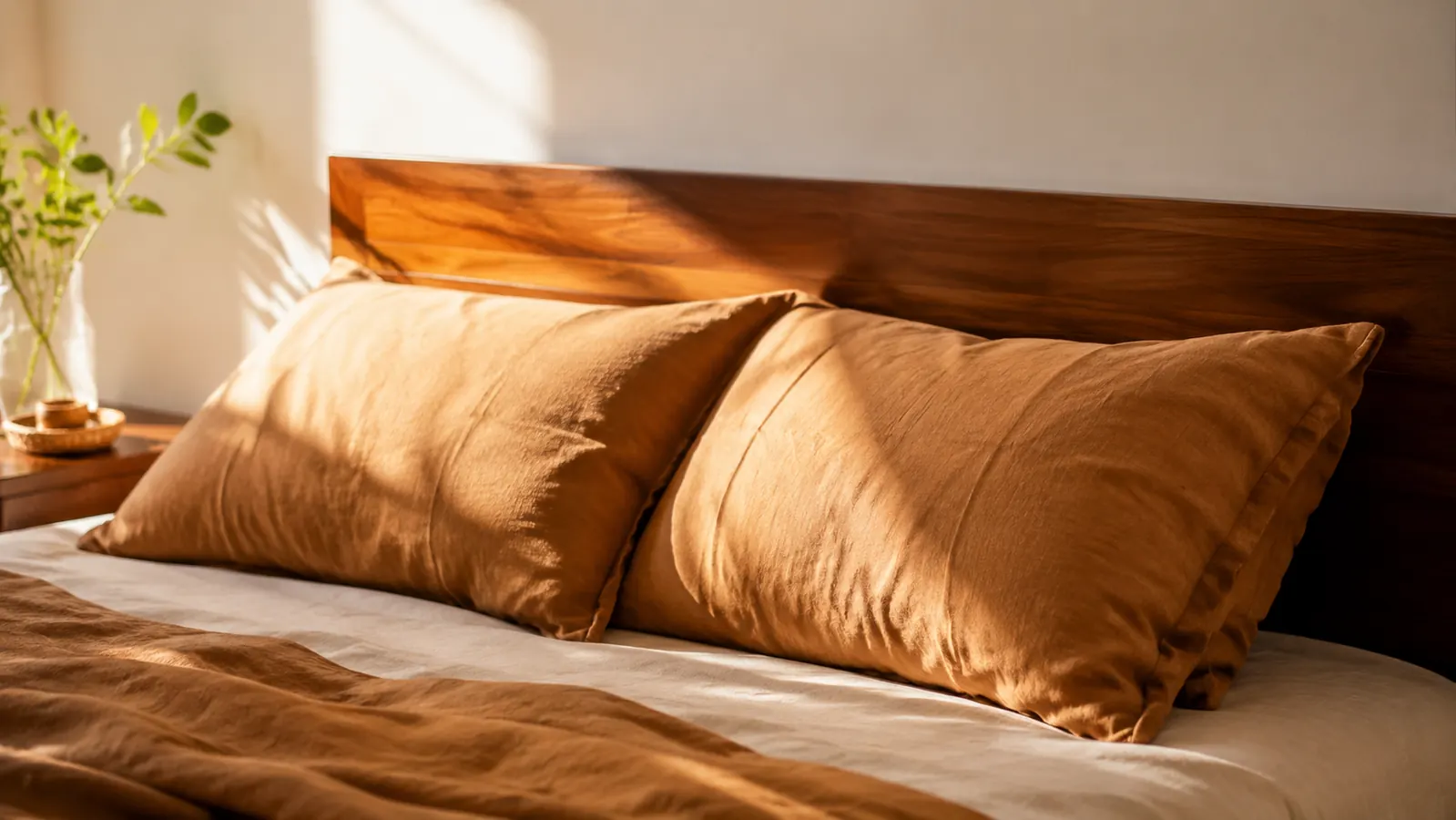 Side-by-side comparison of a contoured cervical pillow and a standard flat pillow on a neatly made bed with warm morning light coming through a window