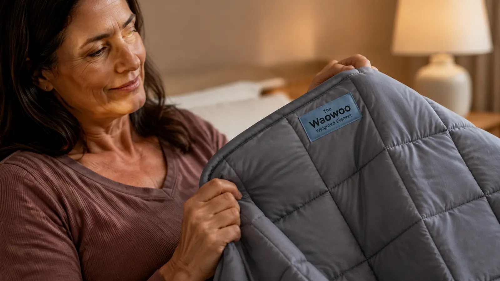 Close-up of a weighted blanket corner held up to the light, showing the quilted pocket grid and the weight of glass beads visible beneath the cotton