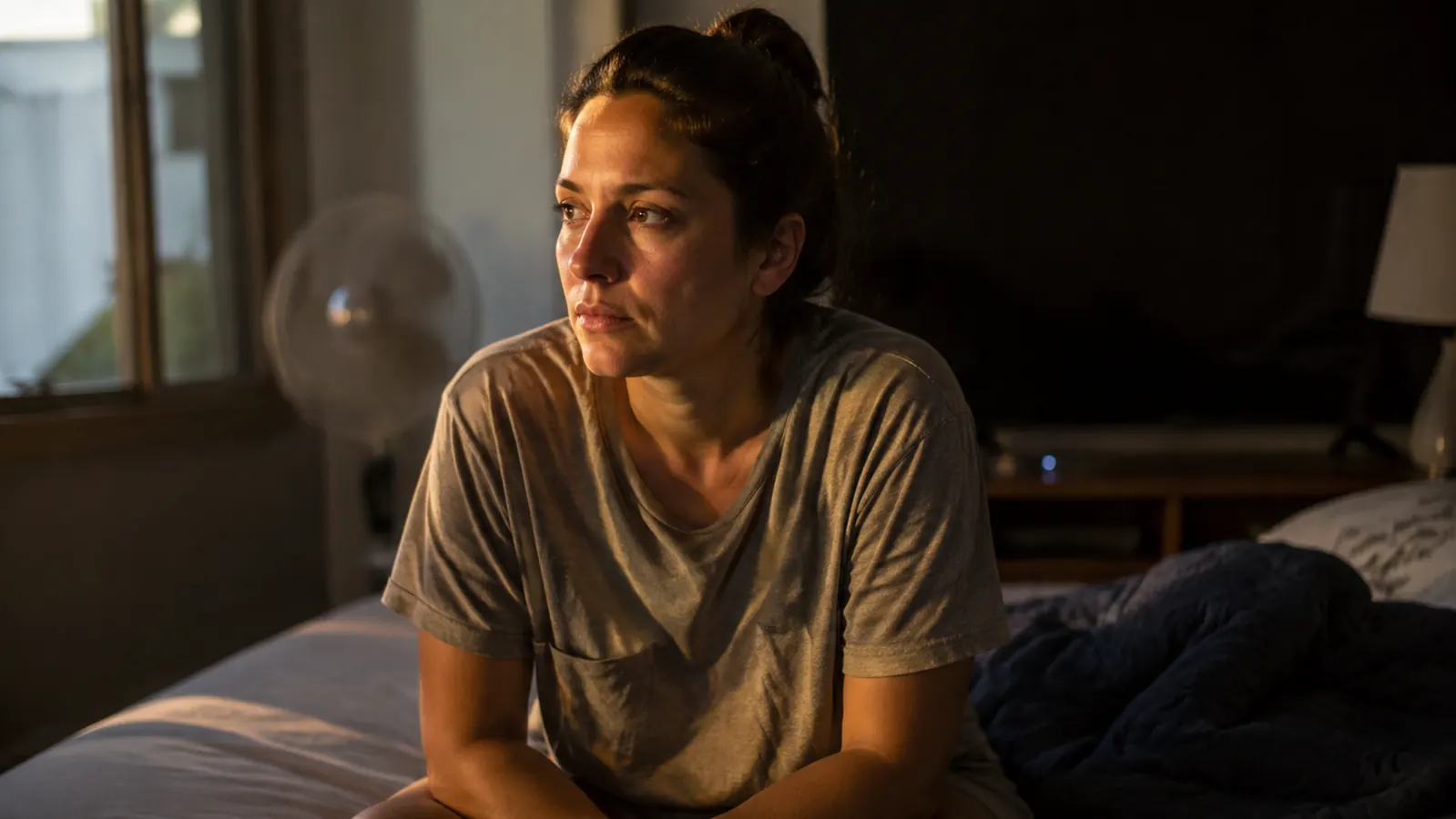 Person sitting on the edge of a bed in a warm room, a weighted blanket pushed to the side, a fan visible in the background