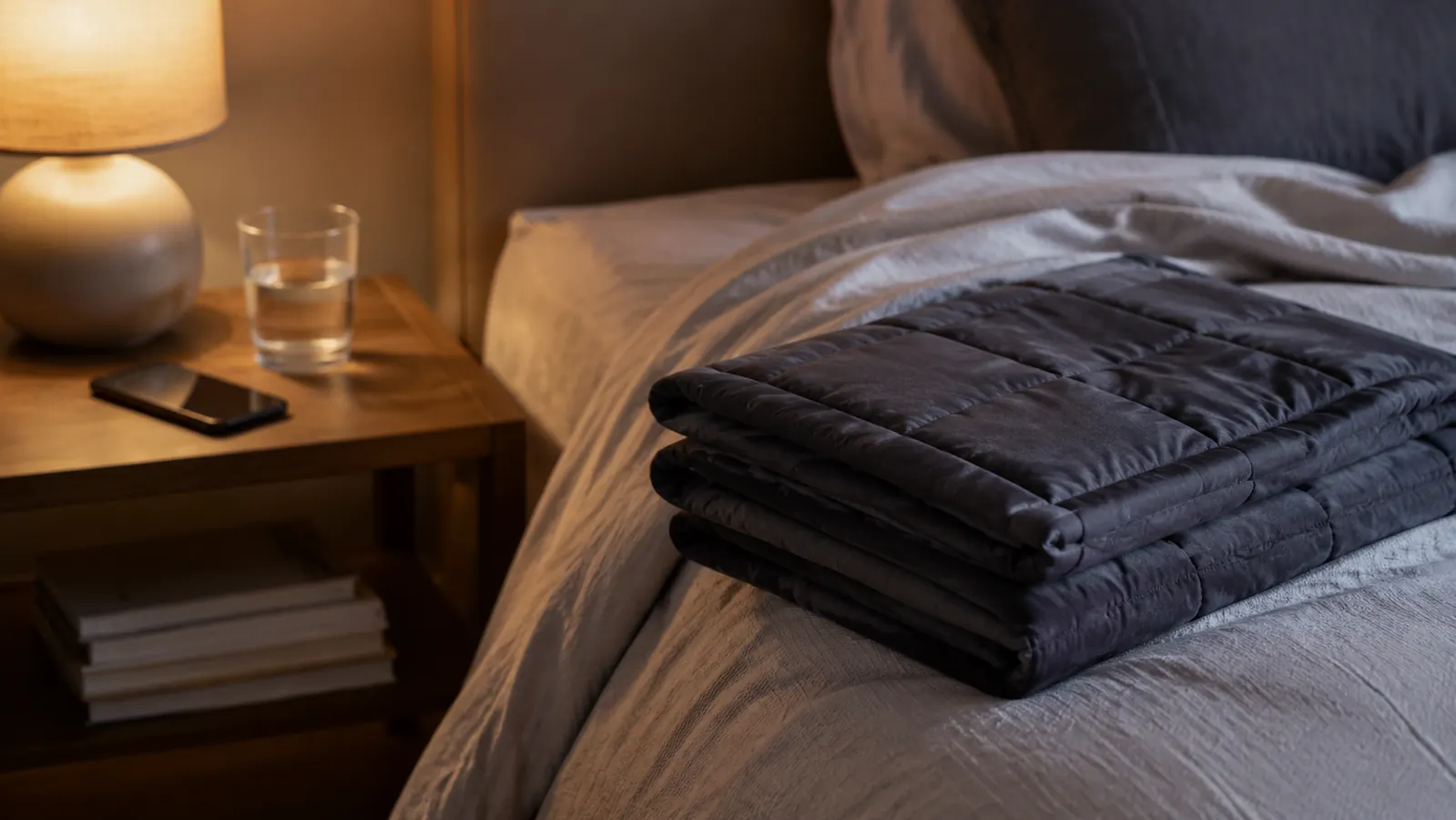 A weighted blanket folded on a bed next to a warm lamp, with a glass of water and a phone face-down on the nightstand