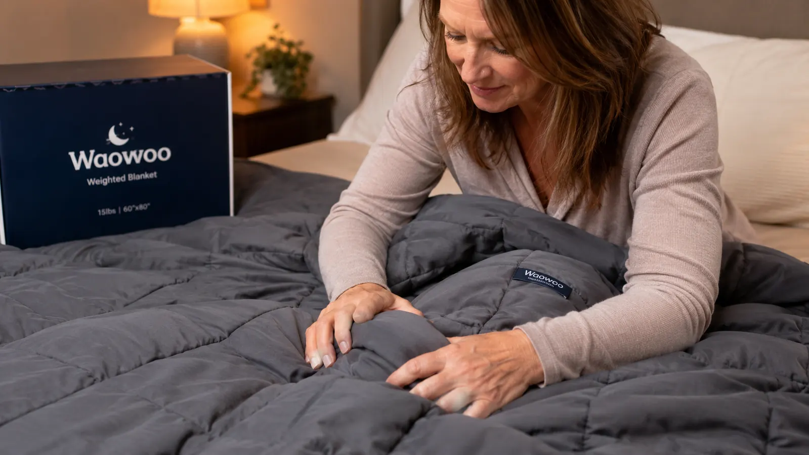 Close-up of hands smoothing the corner of a cotton weighted blanket, showing the small glass bead pockets in the quilted grid pattern