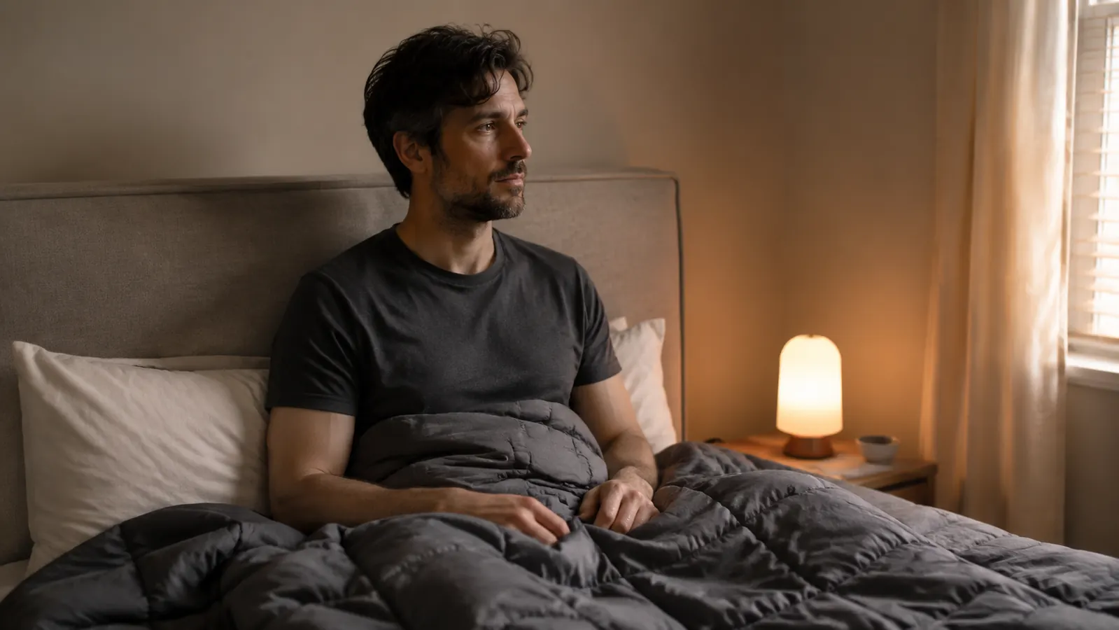 Person sitting up in bed in the early morning, a weighted blanket pooled around their waist, looking rested and calm