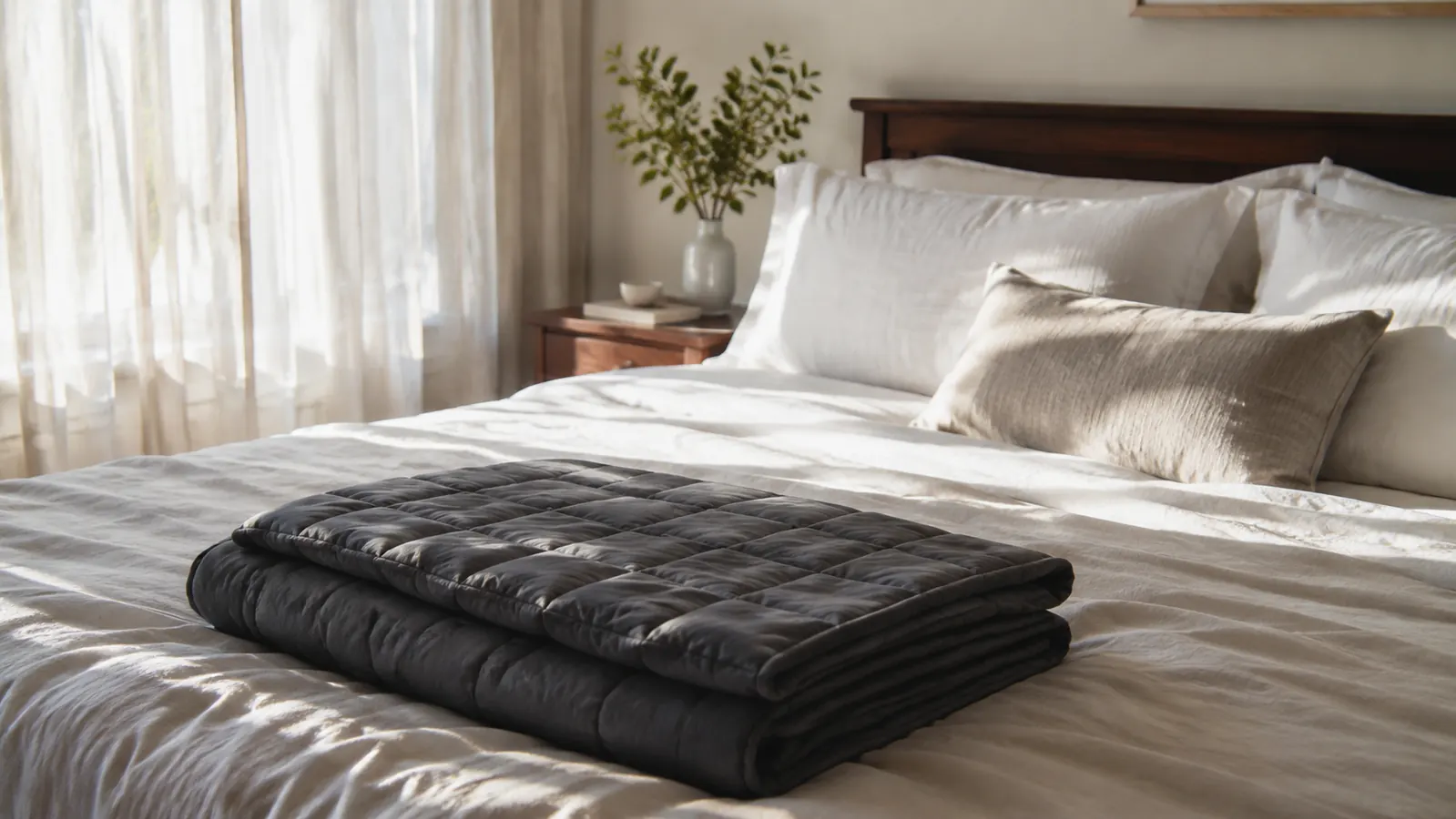 Bright morning window light with an empty but neatly made bed, suggesting good rest