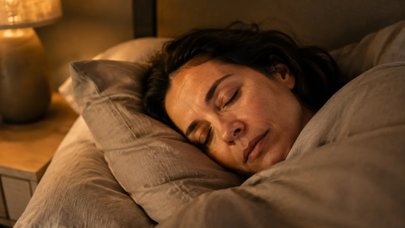 Woman lying peacefully under a dark weighted blanket in a softly lit bedroom at night