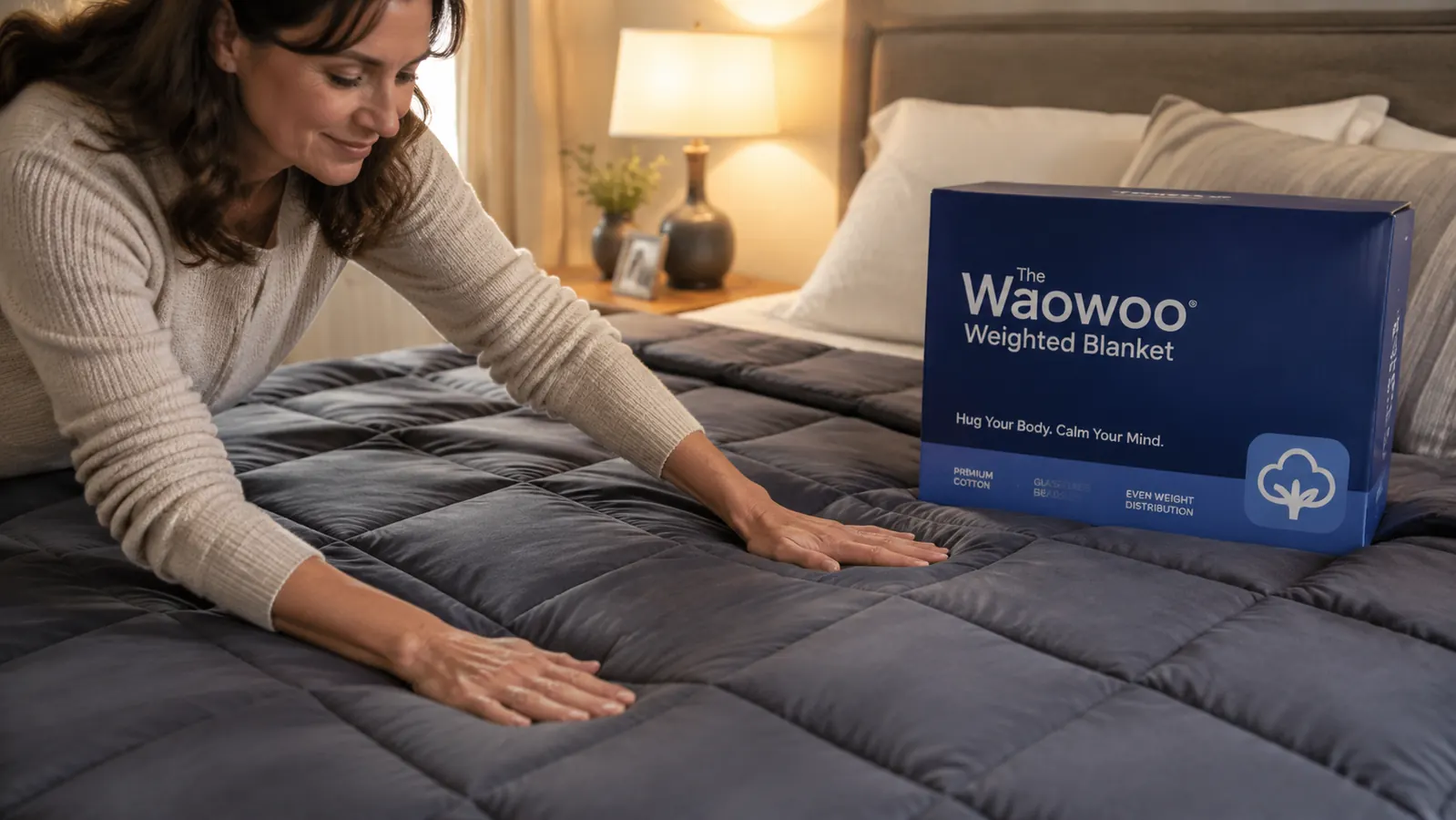 Close-up of hands smoothing the surface of the Waowoo weighted blanket, showing quilted grid pattern and cotton fabric